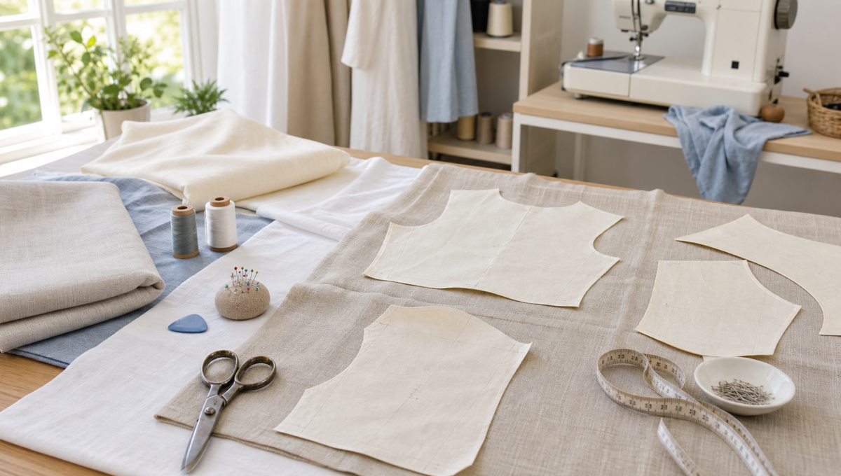 Hai mẫu áo linen mùa hè gồm áo cổ bẻ ve phom rộng và áo trung niên xếp ly thân trước